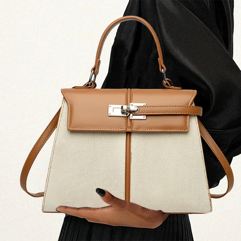 Luxury High-end Brand Handbag For Women Canvas Stitching Leather Silver Button Tote Bag Jw Large Capacity Banquet Shoulder Purse