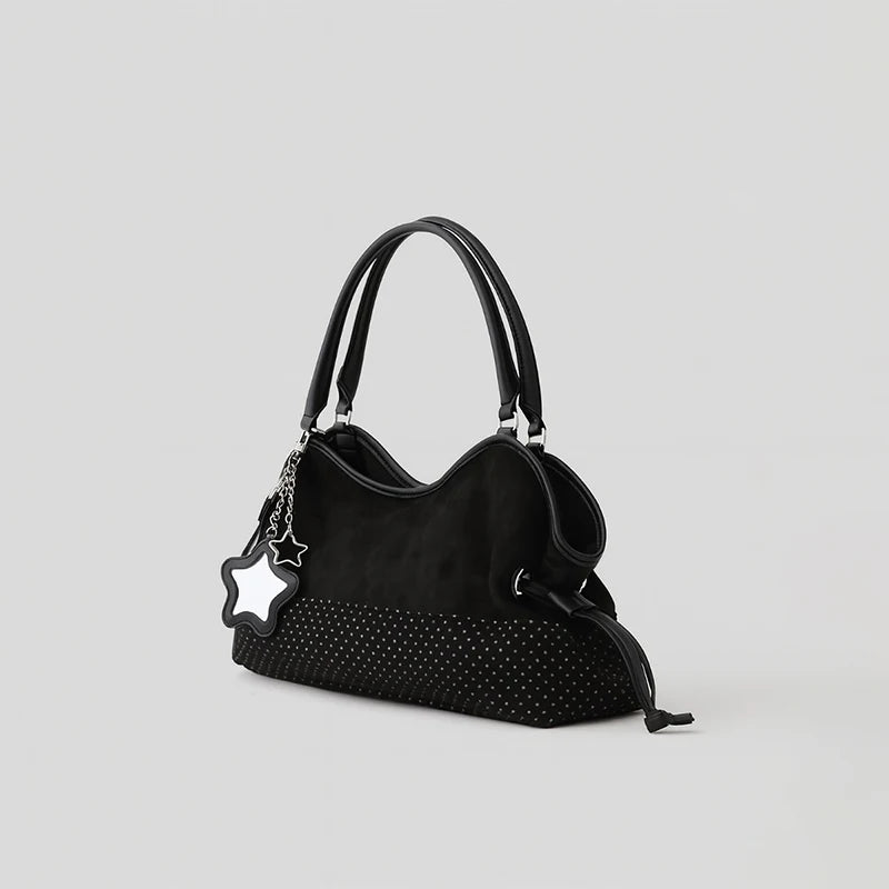Polka Dot Suede Shoulder Bag Women Stylish Brown Slouchy Tote Drawstring Design Magnetic Buckle Underarm Bag With Star Pendant