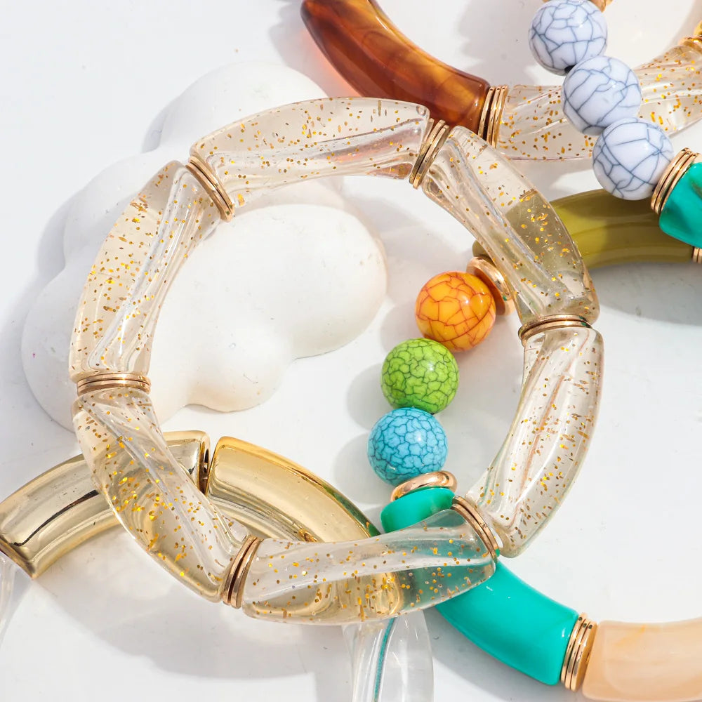 Bohemia Acrylic Bamboo Curved Tube Bracelet for Women Colorful Resin Chunky Elastic Stack Bracelets & Bangles Retro Jewelry Gift