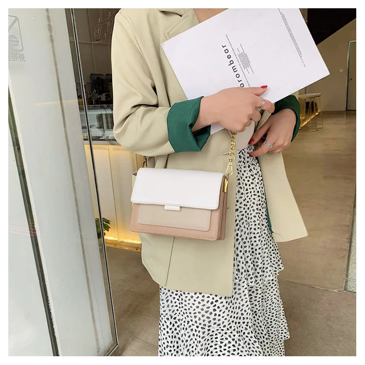 Stylish Contrast-Colour PU Crossbody Bag Versatile Shoulder Bag with Square Shape Dual Strap Design Commuting & Everyday Use