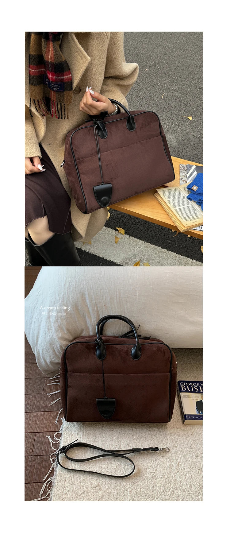 Faux Suede Taupe Retro Tote Bags for Women Solid Color Large Capacity Commuting Versatile Casual Shoulder Bag Classic Handbag