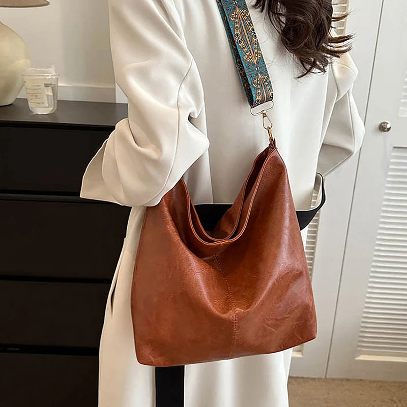 Wide Geometric Strap Shoulder Bag Large Capacity Crossbody Bags For Women,Retro Pu Leather Women's Bag For Shopping Travel