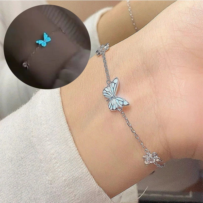 Minimalist Glow In The Dark Butterfly Chain Bracelet for Woman Romantic Blue Luminous Animal Bracelet Girl Party Jewelry Sets