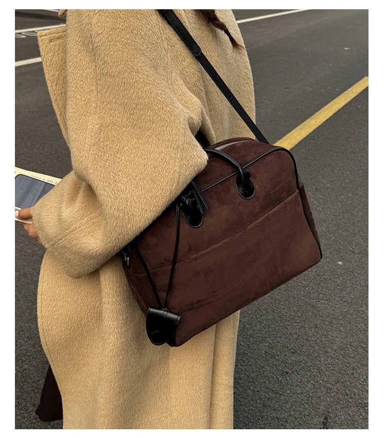 Faux Suede Taupe Retro Tote Bags for Women Solid Color Large Capacity Commuting Versatile Casual Shoulder Bag Classic Handbag