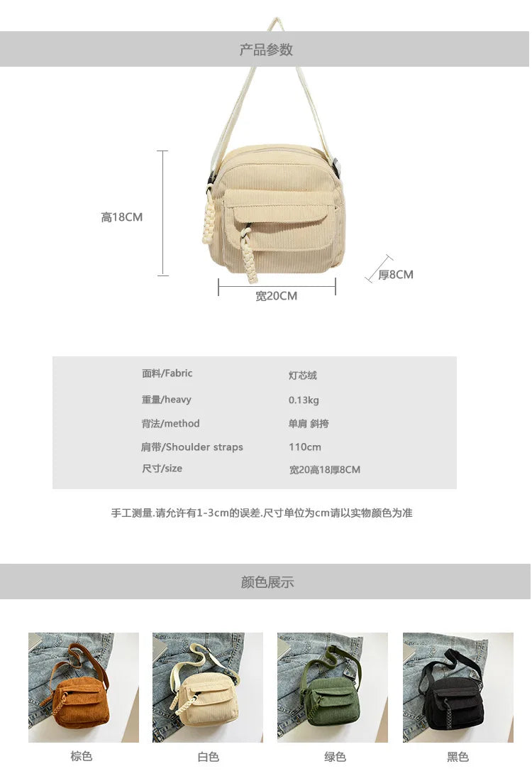 Corduroy Crossbody Bag for Women Casual Harajuku Style Zipper Closure Adjustable Strap Multi Pockets Polyester Lining Beige