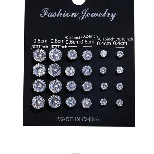 12 Pairs Six Claw Zircon Earrings Set Geometric White Shiny Crystal Wedding Stud Earrings Set for Women Men Jewelry Accessories