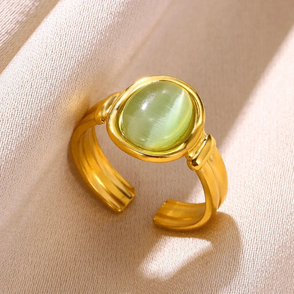 Luxury Oval Opal Rings For Women Fashion Geometric Stainless Steel Adjustable Natural Stone Sun Aesthetic Weeding Jewelry BFF