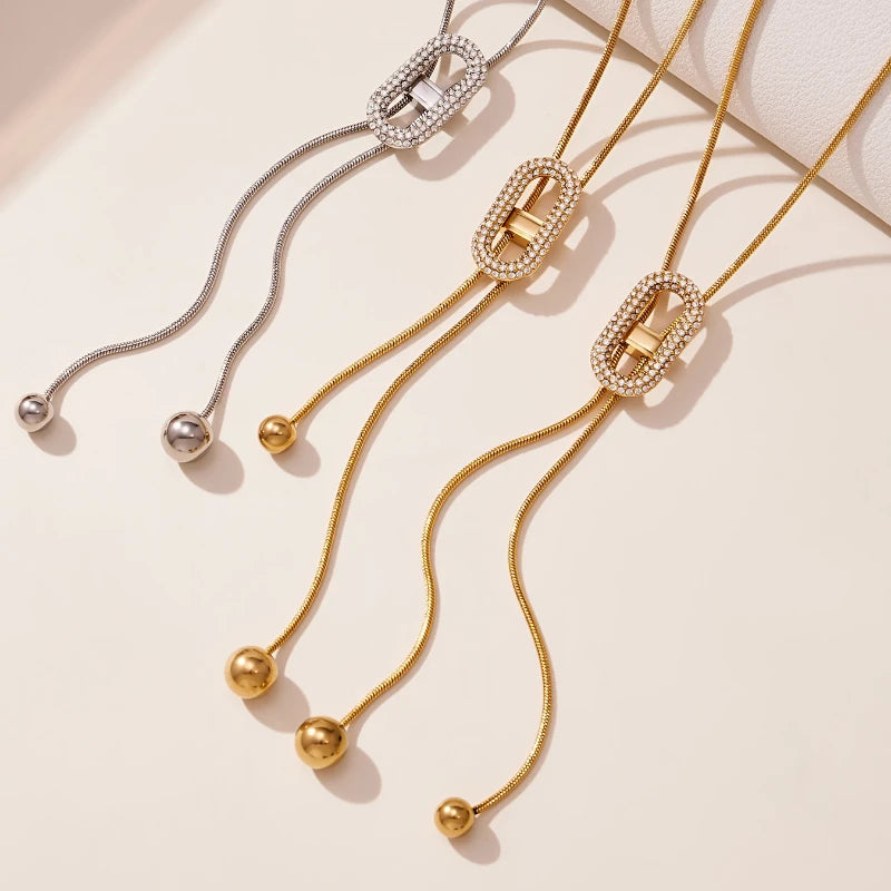 Ars 18K Gold Plated Y Necklace Stainless Steel Tassel Necklace Adjustable Oval Pendant Necklace Women's Zircon Lariat Necklaces
