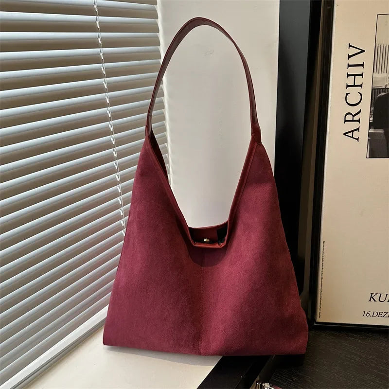 Vintage Faux Suede Tote Bags for Women Large Capacity Shoulder Ladies Underarm Bag Casual Simple Commuter Female Handbags