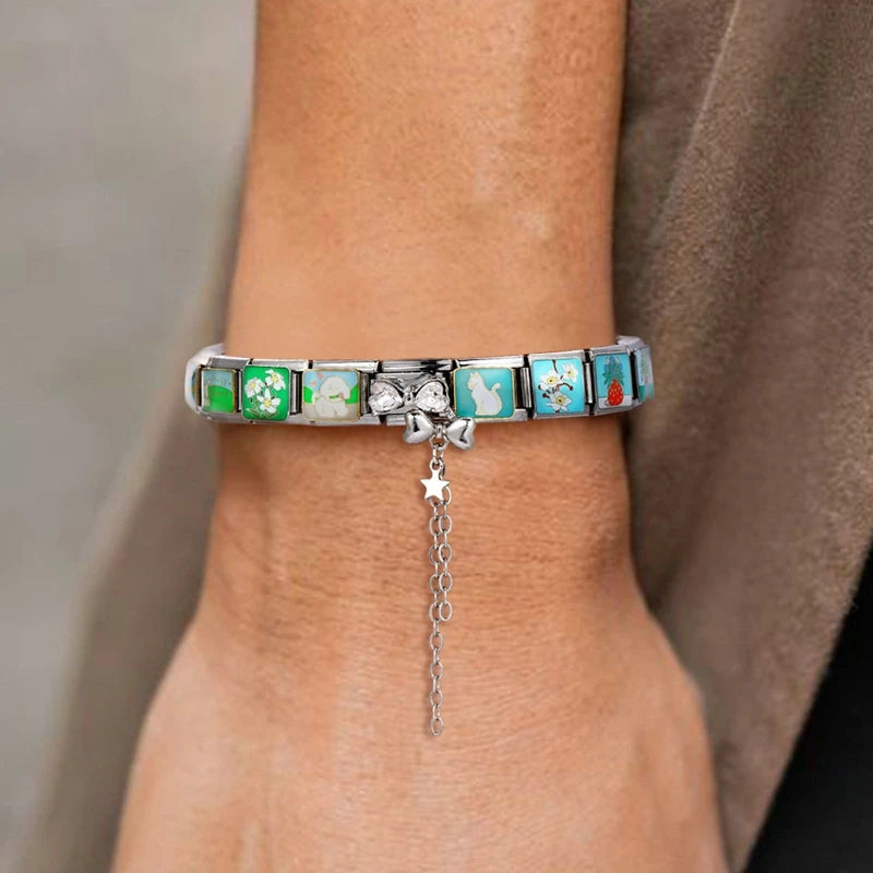 Zircon Moon Cherry Heart Star Bow Knot Butterfly Tassel Italian Charm Links Fit 9mm Bracelet Stainless Steel DIY Making Gifts