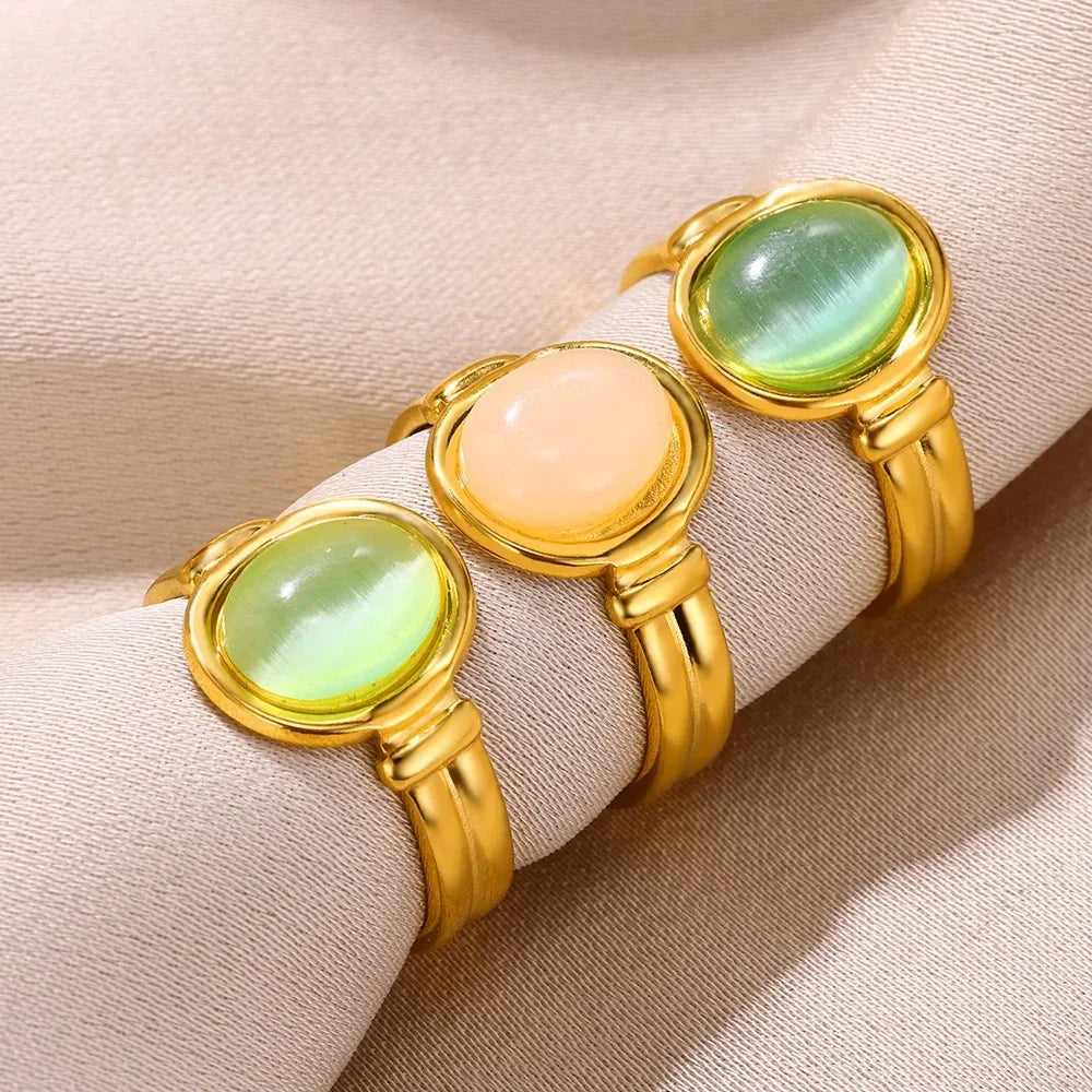 Luxury Oval Opal Rings For Women Fashion Geometric Stainless Steel Adjustable Natural Stone Sun Aesthetic Weeding Jewelry BFF