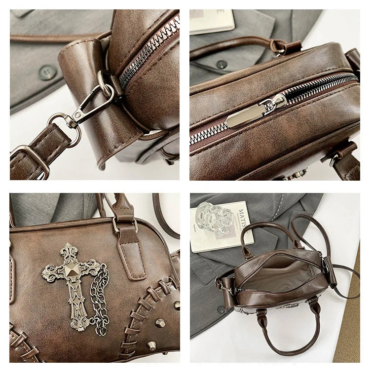 2026 Spring New Punk Gothic Cross Body Bag for Women Small Square Shoulder Bag with Metal Studs Cross Design Edgy Alternative