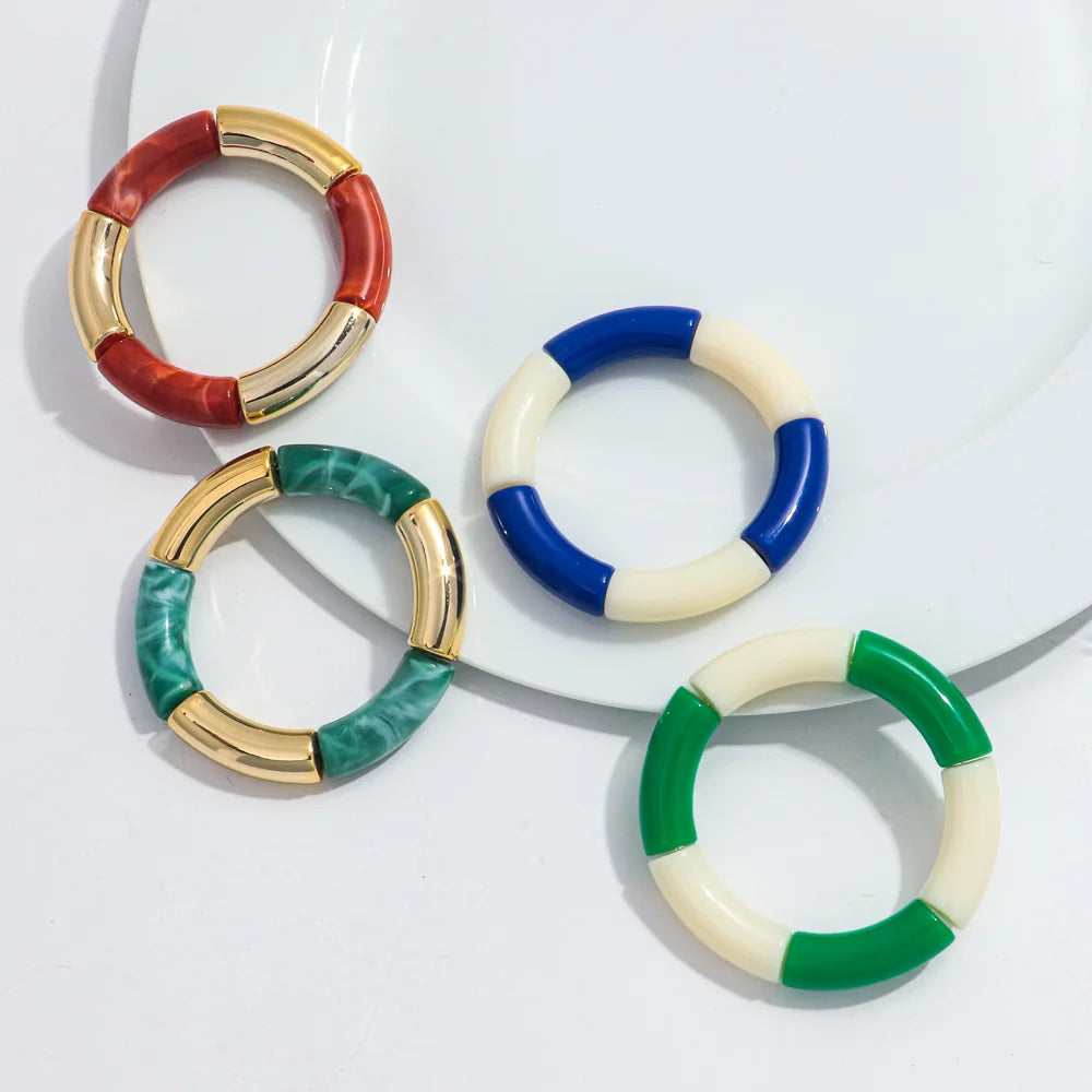 Bohemia Acrylic Bamboo Curved Tube Bracelet for Women Colorful Resin Chunky Elastic Stack Bracelets & Bangles Retro Jewelry Gift