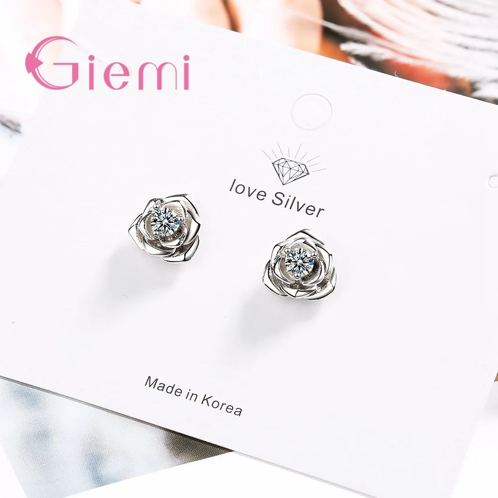 Sparkling 100% Solid 925 Sterling Silver Stud Earrings Clear AAA Cubic Zircon Rose Design Jewelry for Women Wedding Engagement