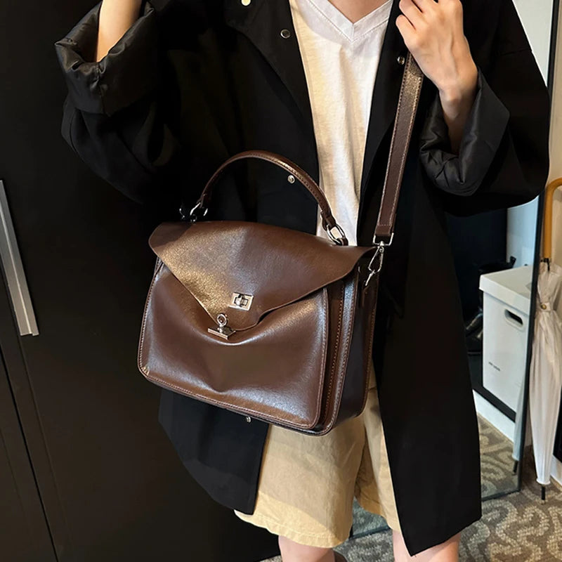 Crossbody Messenger Bag,Designer Versatile Large Capacity Commuting Shoulder Bag,Lady PU Tote Bags Vintage Buckle Handbag Brown