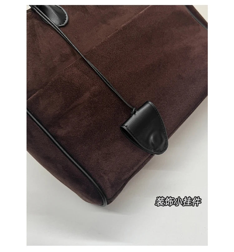 Faux Suede Taupe Retro Tote Bags for Women Solid Color Large Capacity Commuting Versatile Casual Shoulder Bag Classic Handbag
