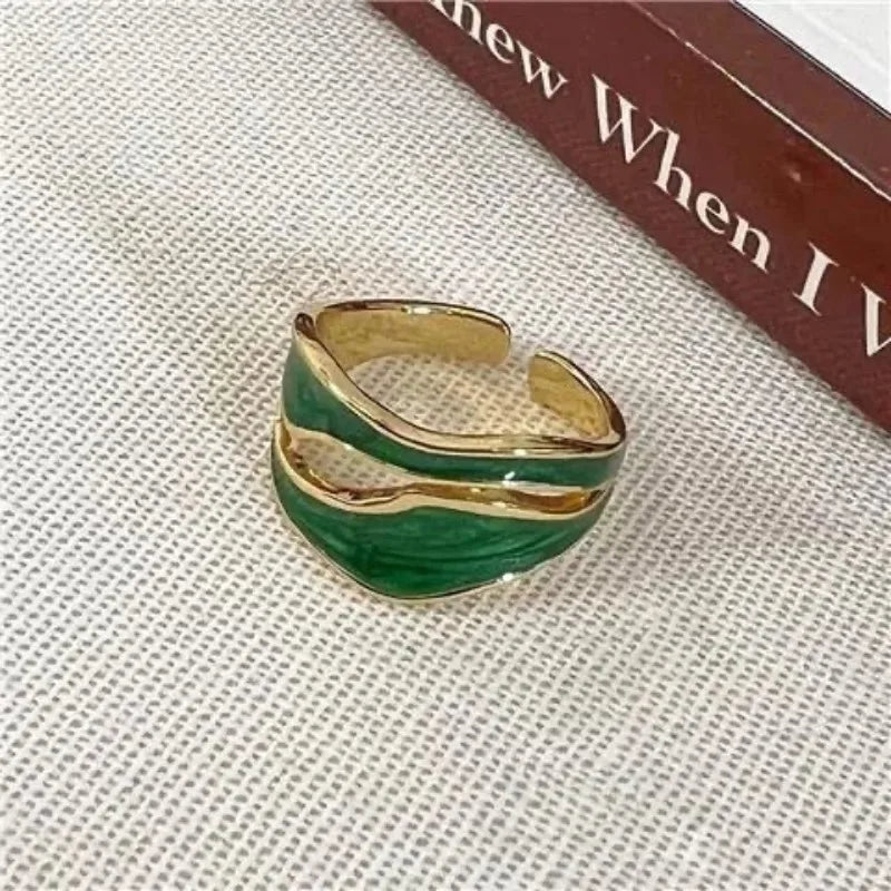 Luxury Irregular Adjustable Finger Ring Retro Stainless Steel Double Oil Drip Open Rings for Women  2025 New Trendy Jewelry