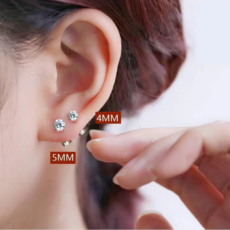 Real 925 Sterling Silver 3/4/5/6/7MM Round Sparkling Zircon Stud Earrings For Women Classic Fine Jewelry Geometric Accessories
