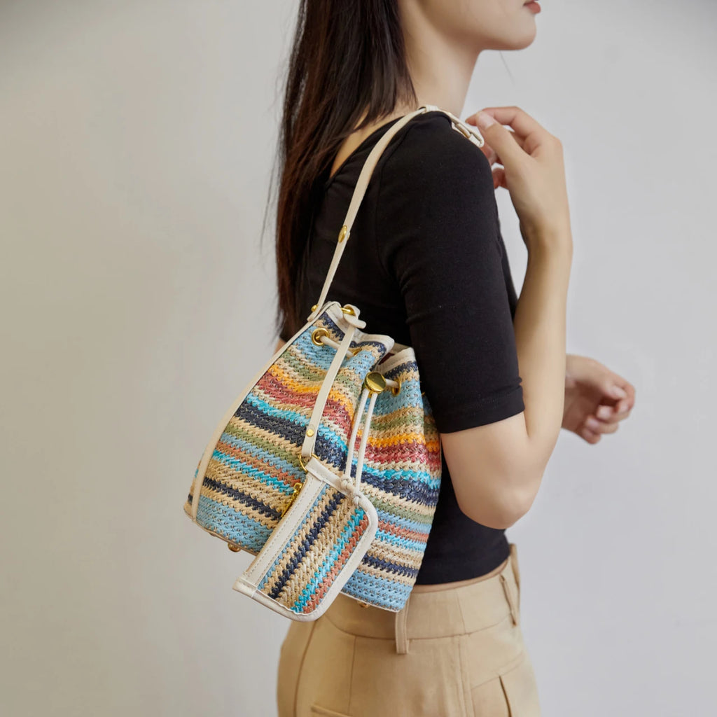 2 Pcs/set Bucket Design Crossbody Bag 2025 Boho Beach Shoulder Purses and Handbags Summer Colorful Straw Bolsa Feminina New