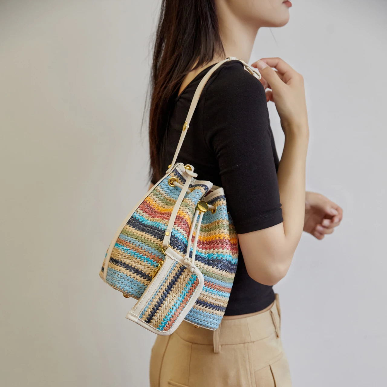 2 Pcs/set Bucket Design Crossbody Bag 2025 Boho Beach Shoulder Purses and Handbags Summer Colorful Straw Bolsa Feminina New