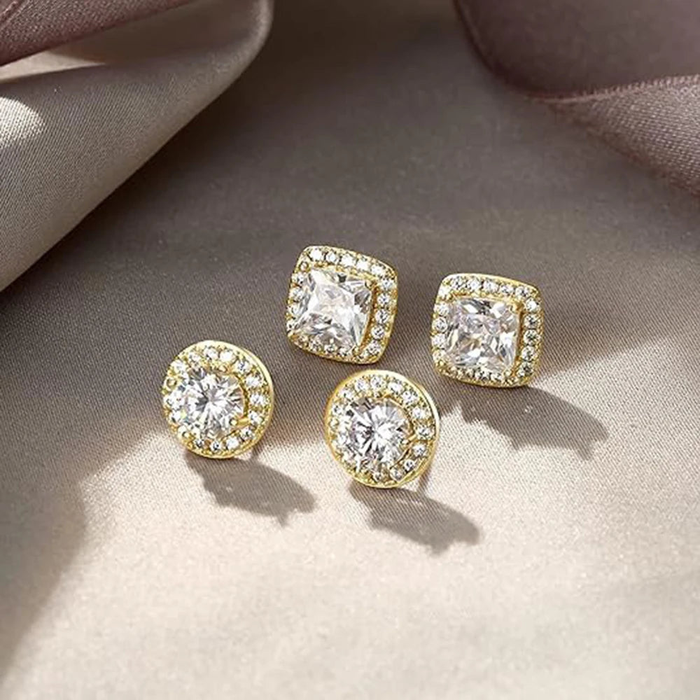 1 Pair Silvery Cubic Zirconia Stud Earrings Round Square Diamonique Stud Earrings Set for Women Men