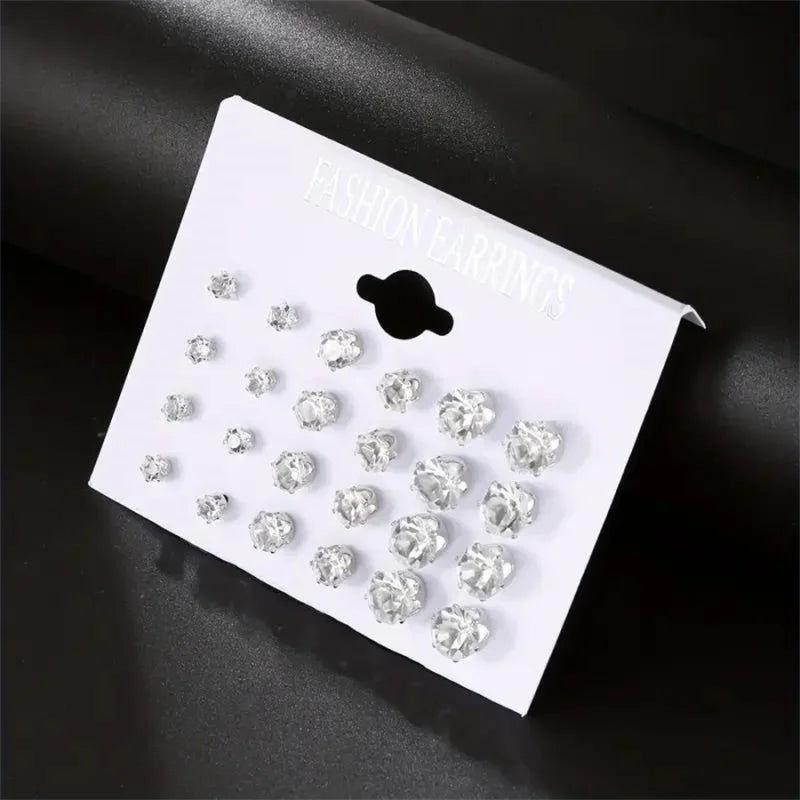 12 Pairs Six Claw Zircon Earrings Set Geometric White Shiny Crystal Wedding Stud Earrings Set for Women Men Jewelry Accessories