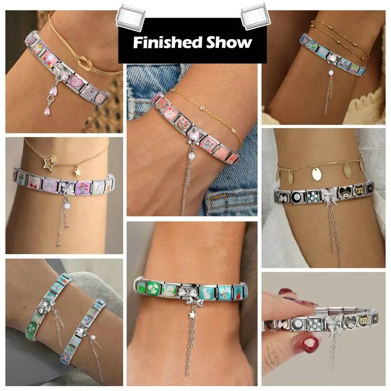 Zircon Moon Cherry Heart Star Bow Knot Butterfly Tassel Italian Charm Links Fit 9mm Bracelet Stainless Steel DIY Making Gifts