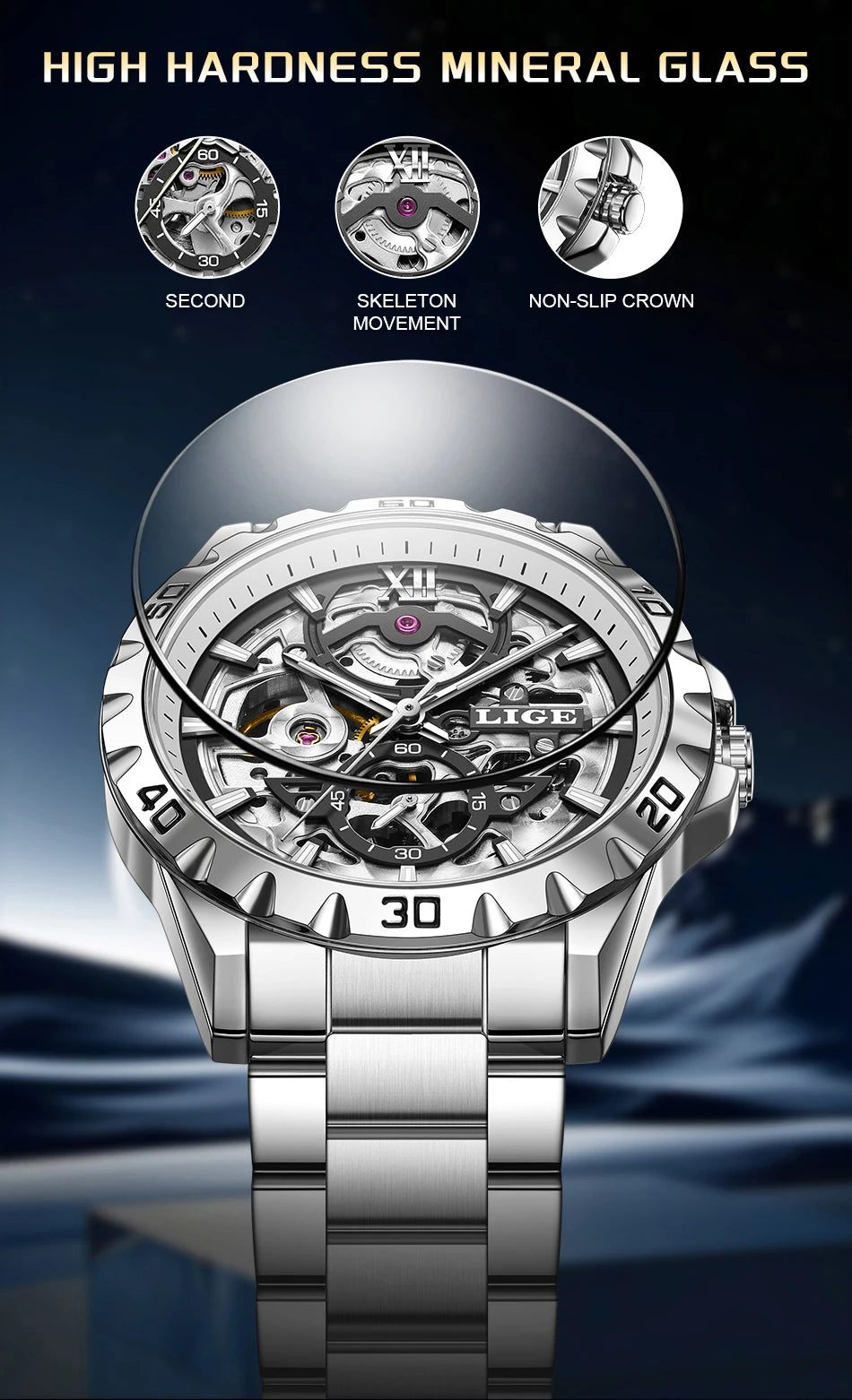 LIGE Luxury mechanical Watches Automatic wristwatches Date Luminous Waterproof Hollow TourbillonMen Watch Relogio mecanico reloj