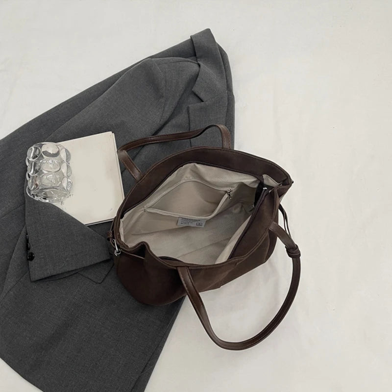 Suede Shoulder Bags for Women Large Capacity Totes Lightweight Underarm Bag Casual Shopper Handbag Solid Color Travel Bucket Bag
