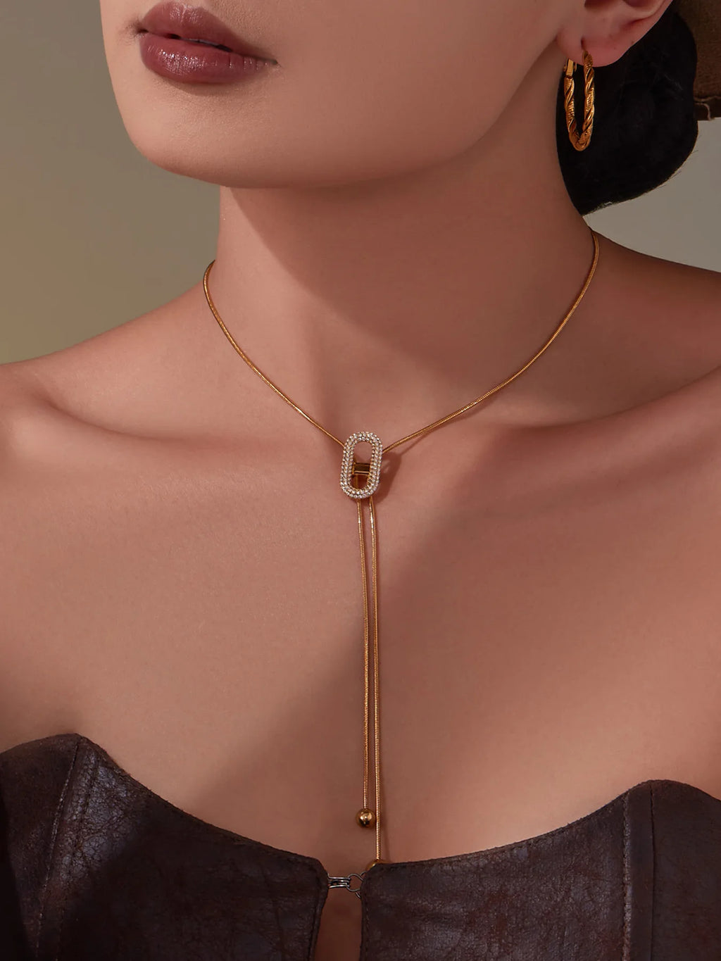 Ars 18K Gold Plated Y Necklace Stainless Steel Tassel Necklace Adjustable Oval Pendant Necklace Women's Zircon Lariat Necklaces