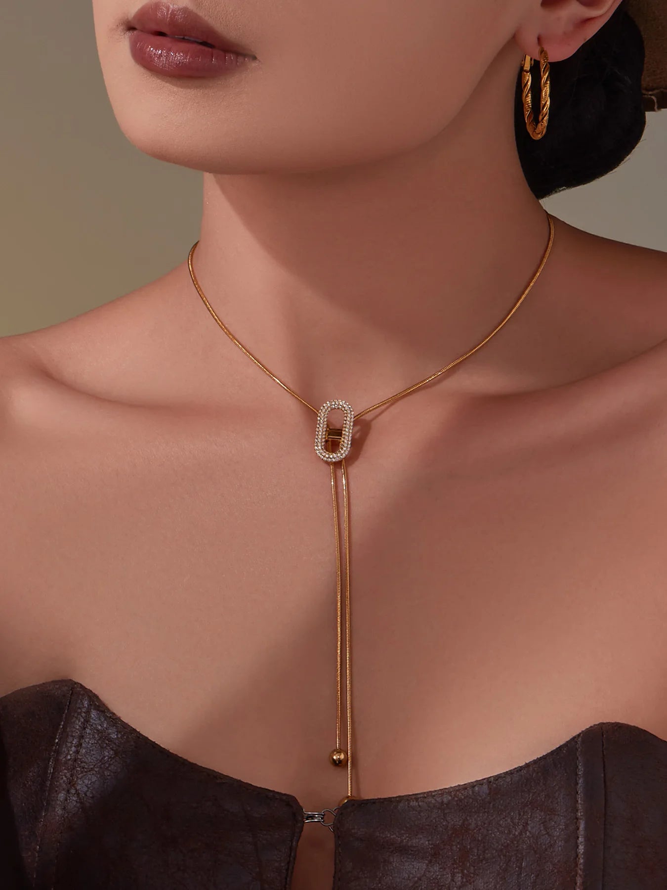 Ars 18K Gold Plated Y Necklace Stainless Steel Tassel Necklace Adjustable Oval Pendant Necklace Women's Zircon Lariat Necklaces