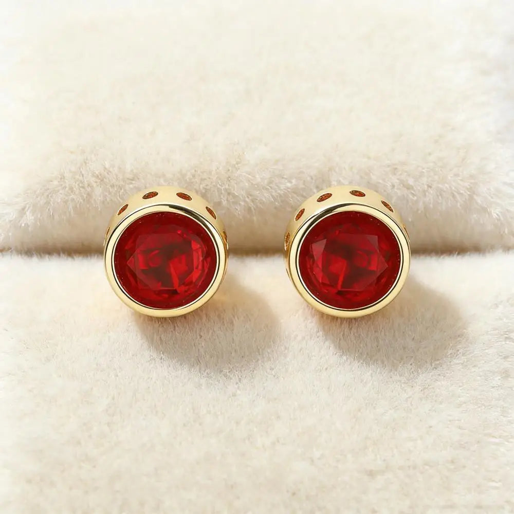 Red Zircon Round Stud Earrings For Women Men Gold Color Female Male Wedding Engagement Party Jewelry Mother Valentine Day Gifts