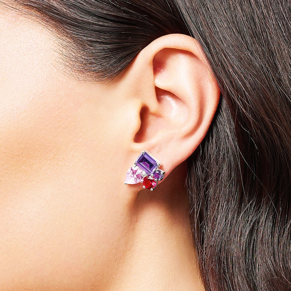 Ear Stud Earrings Pink and Violet Zircon Europe Style Glamorous Jewerly For Women Trendy Gift In 925 Sterling Silver