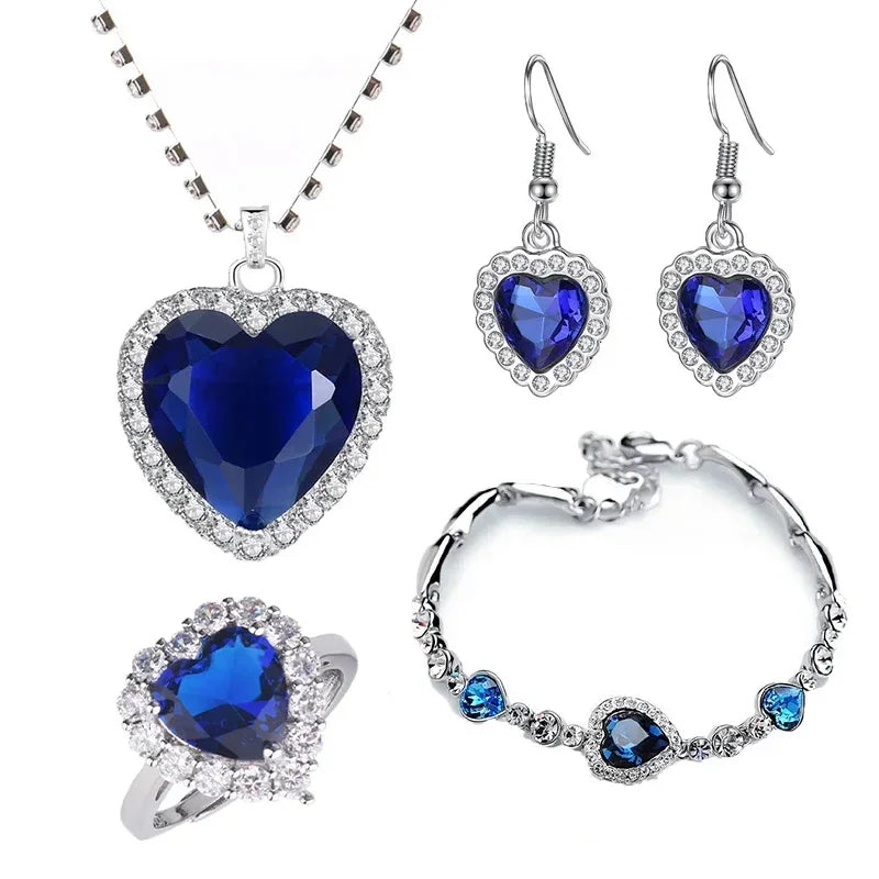 3 Pieces/set Blue and Red Ocean Heart Women's Necklace Love Crystal Zircon Jewelry Set  Wedding Party