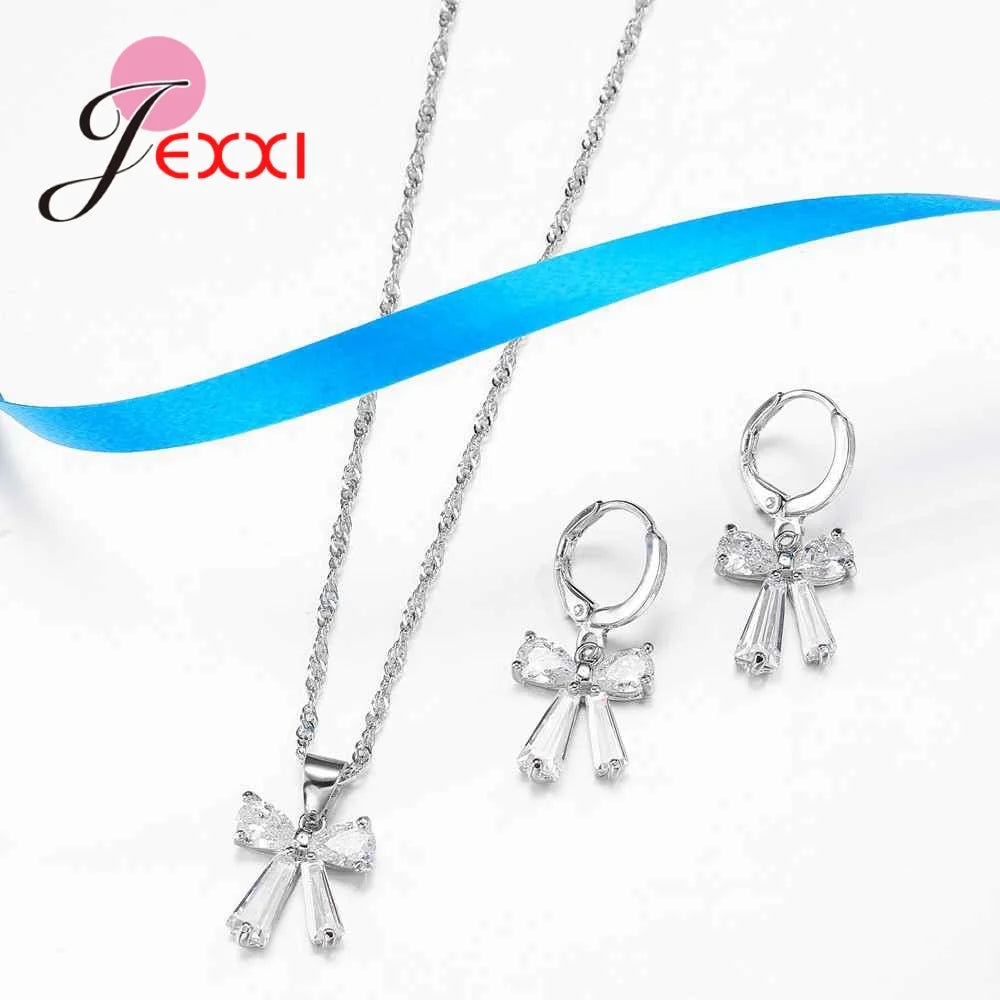 Girls Daily Decorations Simple Bowknot Necklace+Earrings 925 Sterling Silver Jewelry Sets Popular Styles Dropshipping