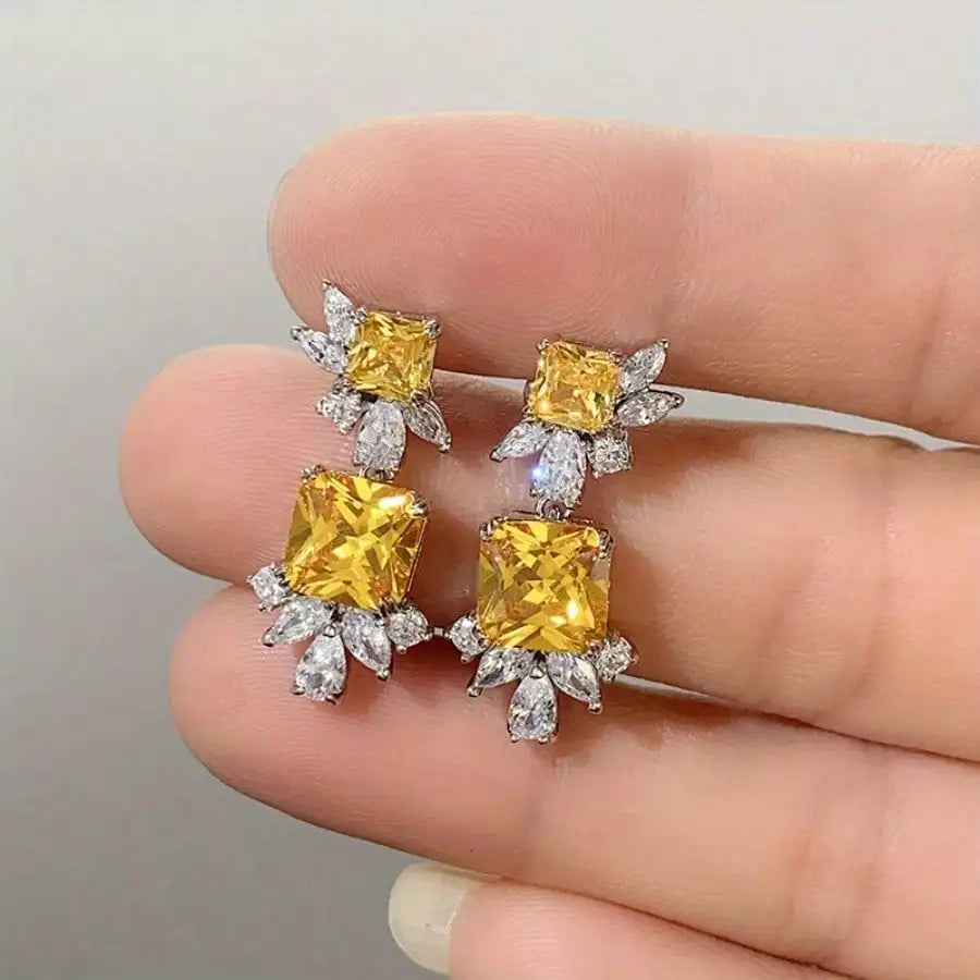 Simple Geometric Zircon Square Shape Stud Earrings Cute Shiny CZ Bride Bridesmaid Earring Jewelry