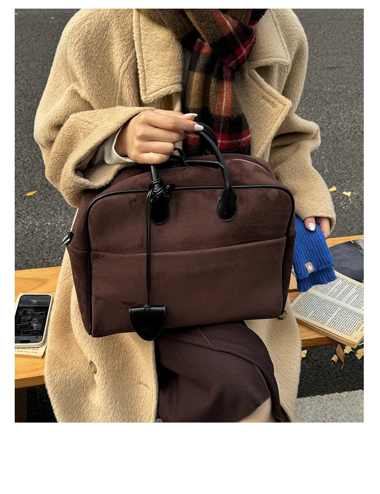 Faux Suede Taupe Retro Tote Bags for Women Solid Color Large Capacity Commuting Versatile Casual Shoulder Bag Classic Handbag