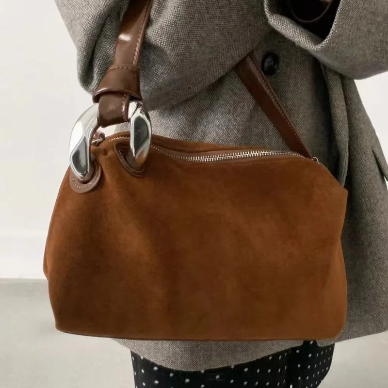 2026 New Fashion Brown Suede Genuine Leather Shoulder Bag Women's Retro Soft Tote Casual Daily Crossbody Handbag
