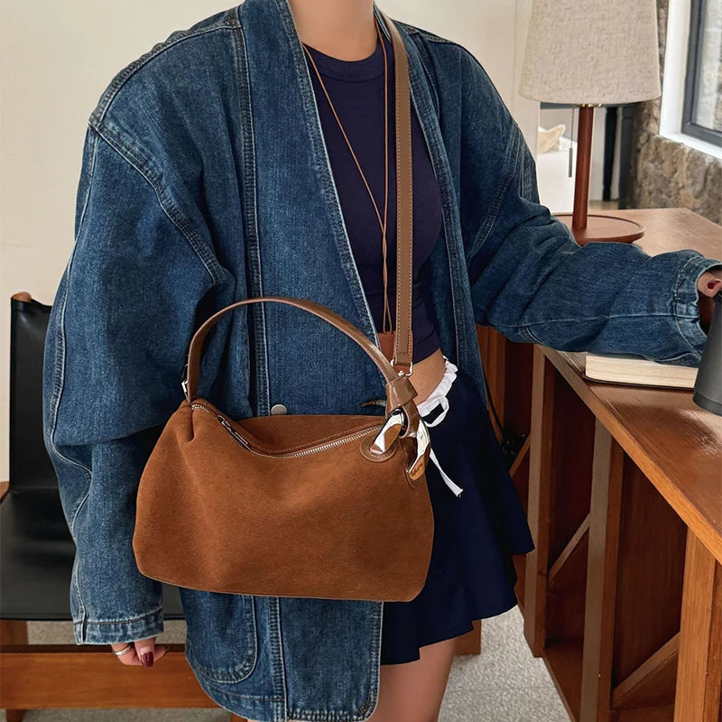 2026 New Fashion Brown Suede Genuine Leather Shoulder Bag Women's Retro Soft Tote Casual Daily Crossbody Handbag