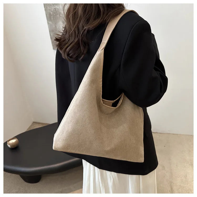 Vintage Faux Suede Tote Bags for Women Large Capacity Shoulder Ladies Underarm Bag Casual Simple Commuter Female Handbags