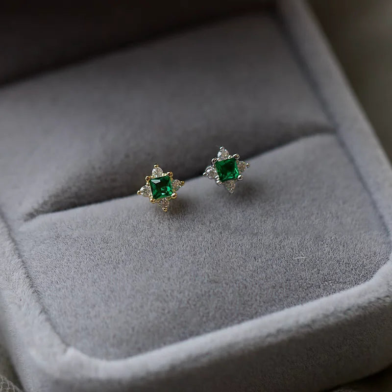 925 Sterling Silver Plating 14K Gold Exquisite Green Zircon Geometry Stud Earrings For Women Fine Jewelry