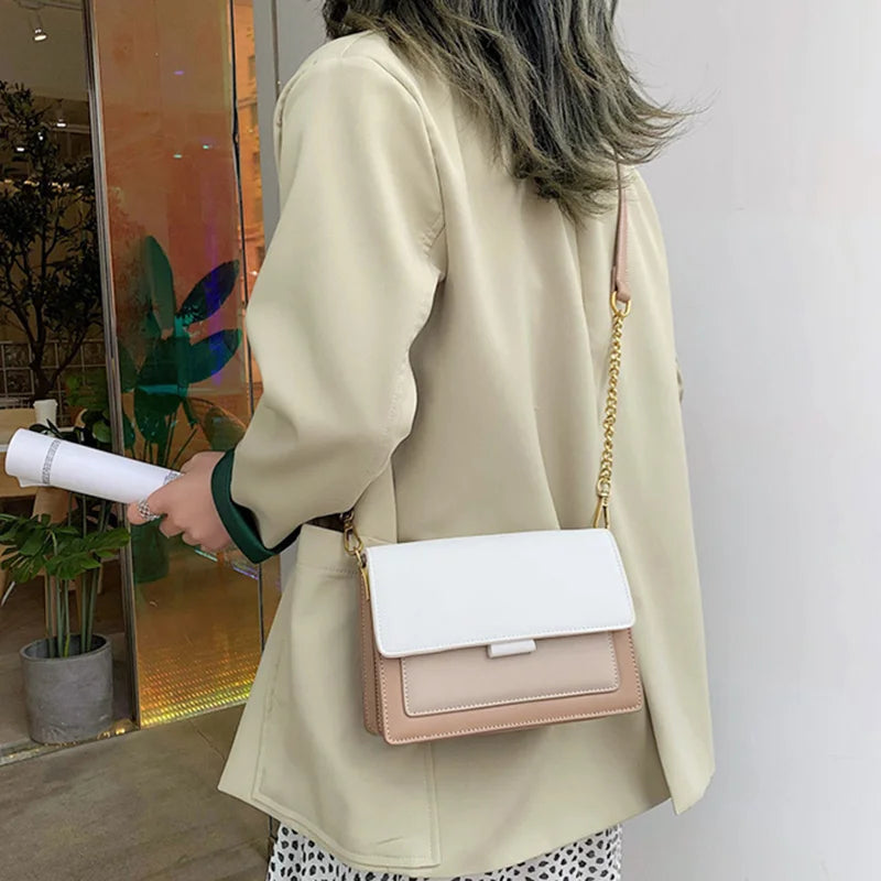 Stylish Contrast-Colour PU Crossbody Bag Versatile Shoulder Bag with Square Shape Dual Strap Design Commuting & Everyday Use