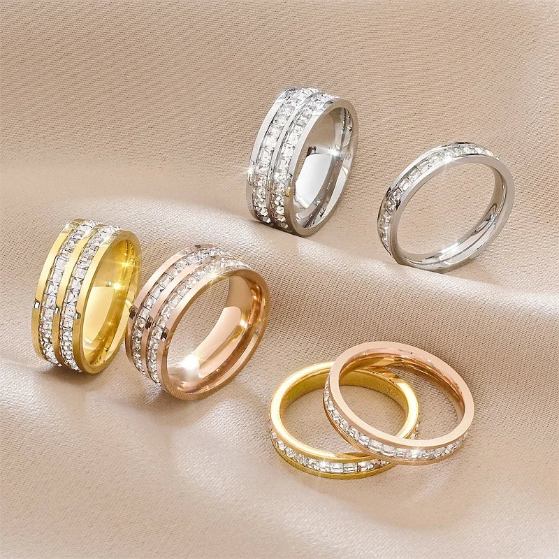 Luxury Rose Gold Color Double Row Square Zircon Stainless Steel Ring For Women Romantic  Wedding Party Jewelry Female Jewelry Fa
