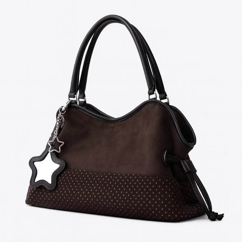 Polka Dot Suede Shoulder Bag Women Stylish Brown Slouchy Tote Drawstring Design Magnetic Buckle Underarm Bag With Star Pendant
