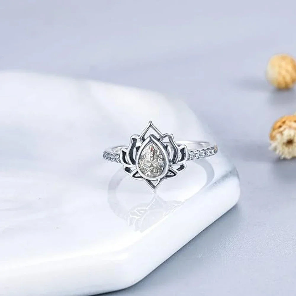 YILUOCD 925 Thai silver Adjustable Rings For Women Lotus Flower Colorful Zircon Ring Boho Female Fine Jewelry Gift
