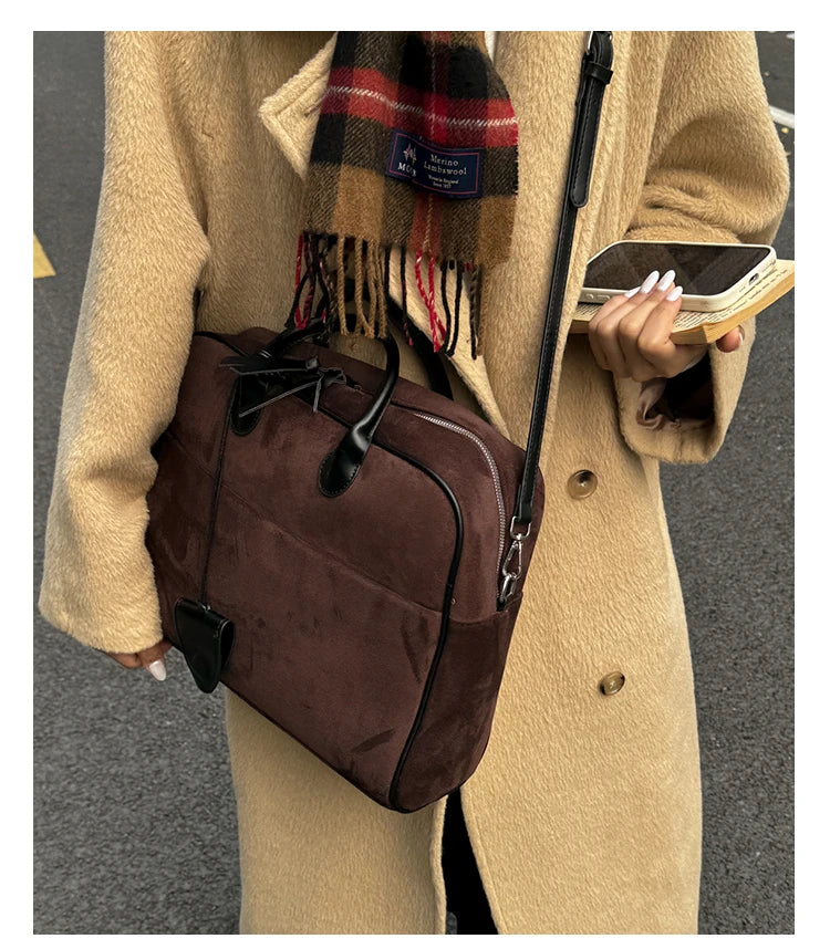 Faux Suede Taupe Retro Tote Bags for Women Solid Color Large Capacity Commuting Versatile Casual Shoulder Bag Classic Handbag