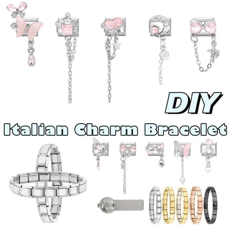 Zircon Moon Cherry Heart Star Bow Knot Butterfly Tassel Italian Charm Links Fit 9mm Bracelet Stainless Steel DIY Making Gifts