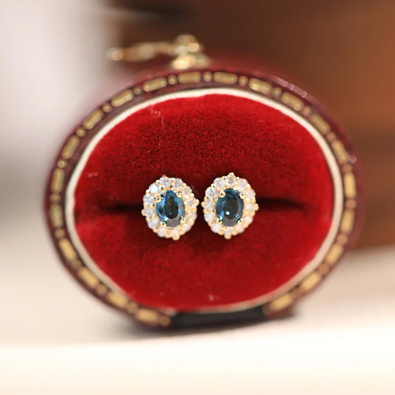 925 Sterling Silver Plated 18k Gold Blue Zircon Earrings Set With Mini Luxury Style Jewelry Accessories
