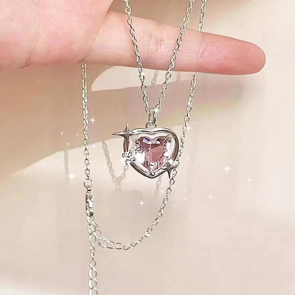 New Fashion Trendy Crystal Pink Zircon Heart Pendant Necklace For Women Girl Elegant and Sweet Punk Party Jewelry