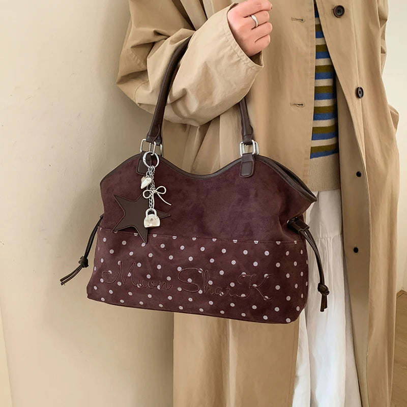Polka Dot Suede Shoulder Bag Women Stylish Brown Slouchy Tote Drawstring Design Magnetic Buckle Underarm Bag With Star Pendant